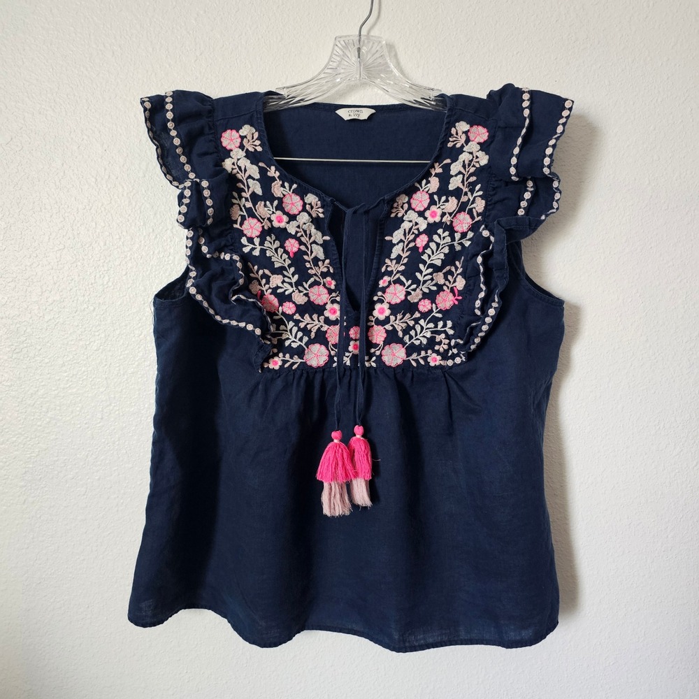 Crown & Ivy Navy Blue 100% Linen Embroidered Ruffle Tassel Top Women Large